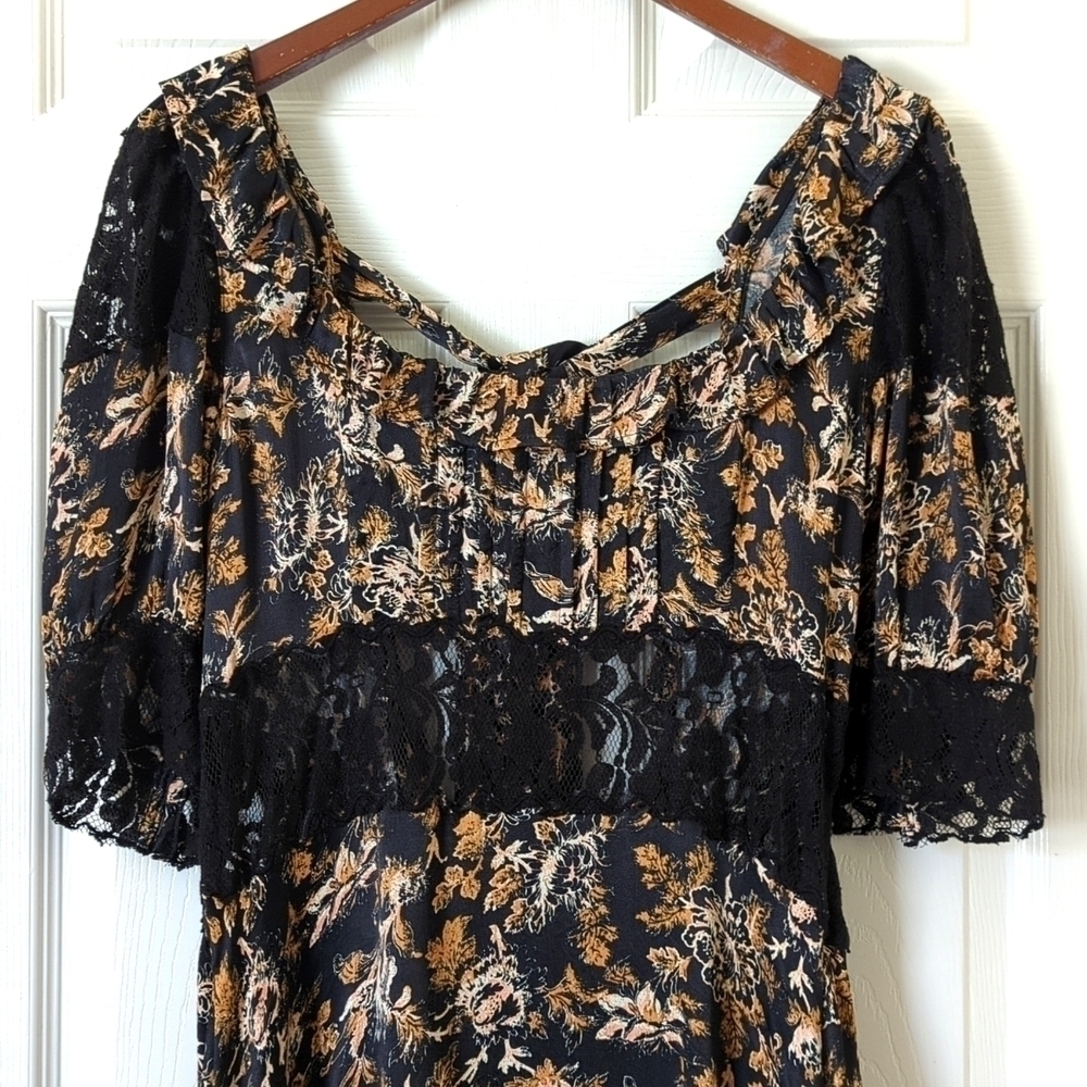 Free People Lucie Floral Scoop Neck Tied Open Back A-Line Mini Dress Black 6 - Picture 2 of 16